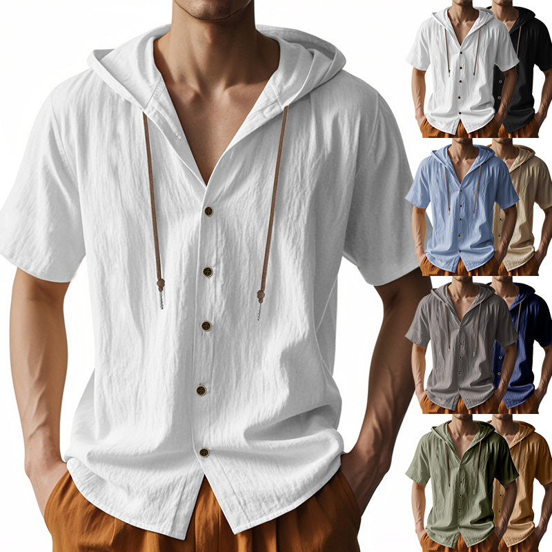 Men's breathable short sleeve hoodie made of linen blend with wooden button placket and drawstring StylebySassy