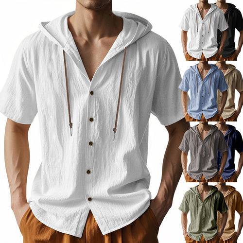 Men's breathable short sleeve hoodie made of linen blend with wooden button placket and drawstring StylebySassy