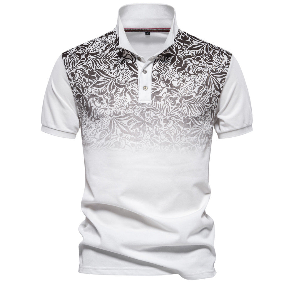 Men's polo shirt with floral gradient pattern, Kent collar and subtle button placket StylebySassy
