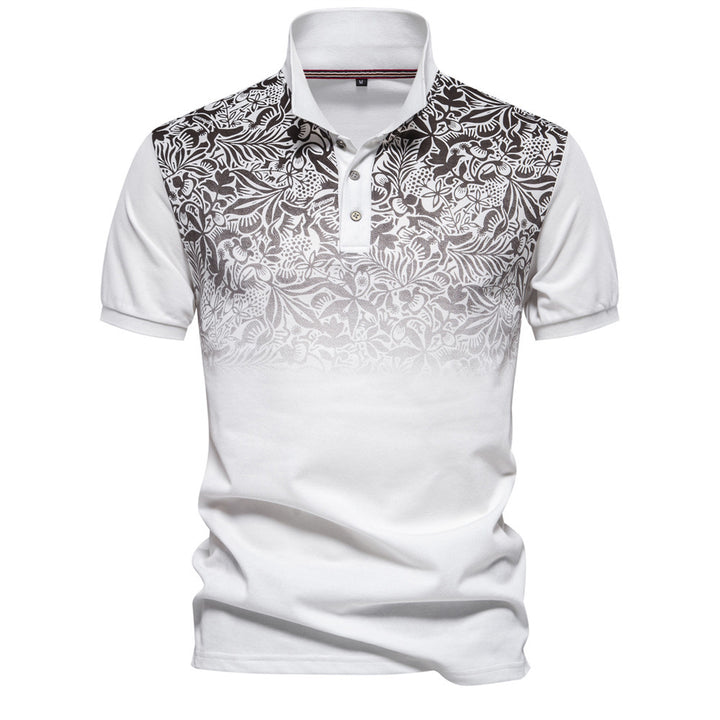 Men's polo shirt with floral gradient pattern, Kent collar and subtle button placket StylebySassy