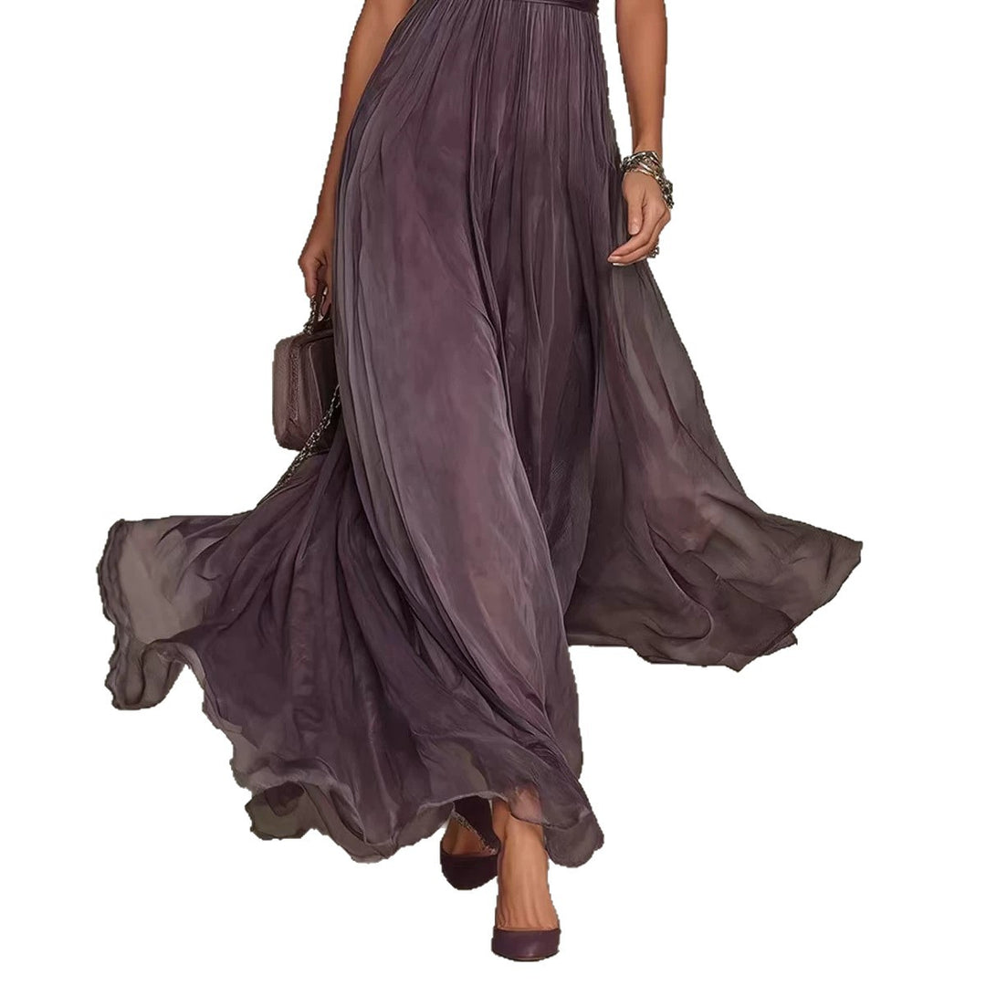 Women's Long Chiffon Evening Dress with Lace Stand Collar, Keyhole Opening and Tailored Sash StylebySassy