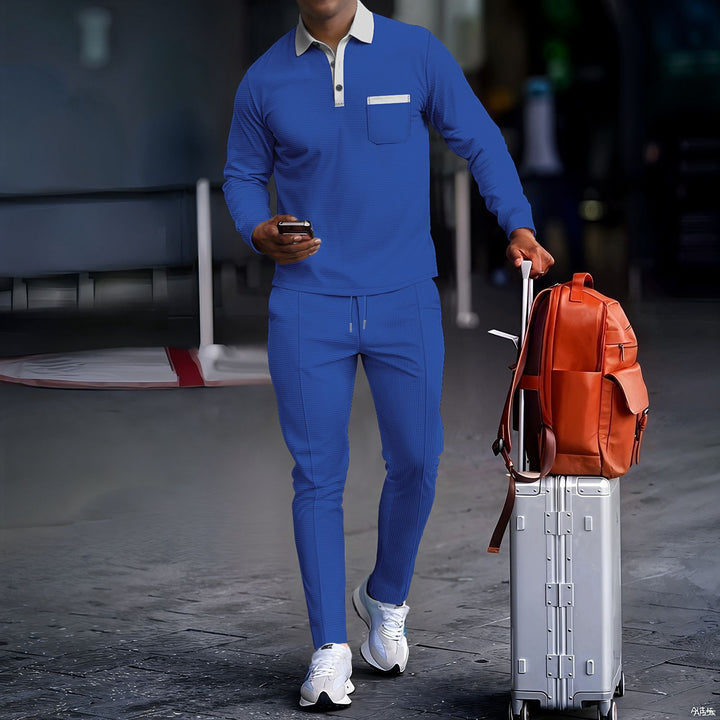 Men's travel set made of structured jersey with long sleeve polo shirt, chest pocket, and slim fit drawstring pants StylebySassy