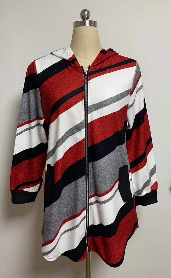 Women's longline hoodie jacket with diagonal stripe pattern, ring zipper and side pockets StylebySassy