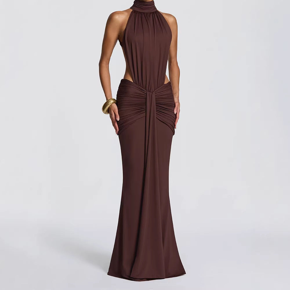 Women Elegant Maxi Dress with Draped Front and High Neck Design StylebySassy