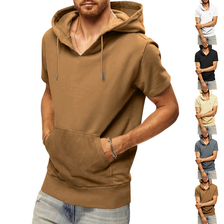 Men's casual short-sleeve hoodie shirt in a loose fit with kangaroo pocket and drawstring StylebySassy