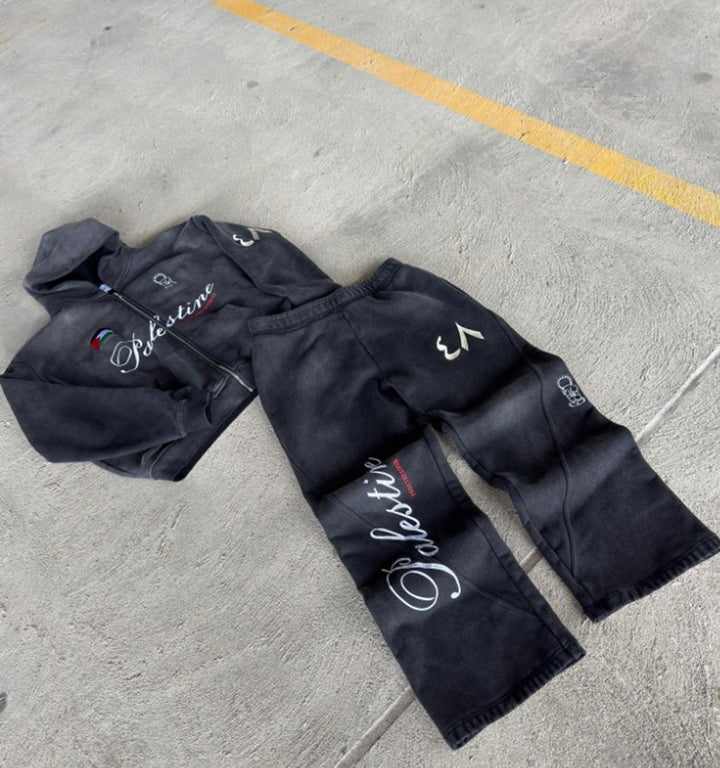 Unisex nan Oversize Hoodie Set in Vintage Look with zipper, expressive embroidery and wide sweatpants StylebySassy