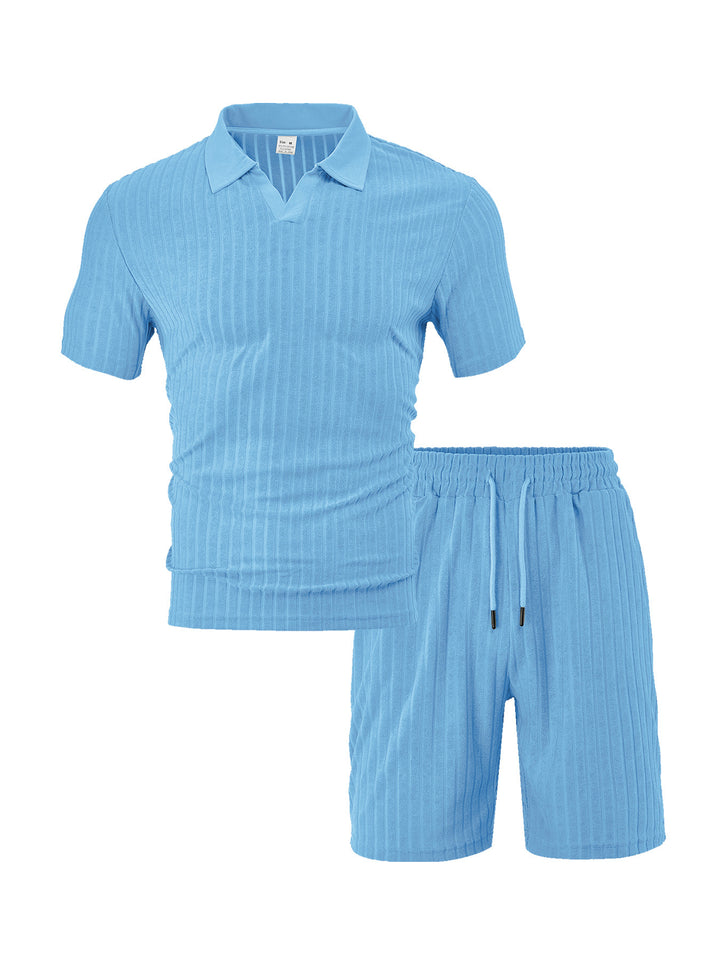 Men's knit lounge ensemble with polo collar V-insert and drawstring bermudas StylebySassy