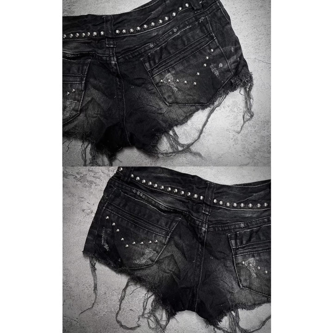 Ladies Fashion Destroyed Denim Shorts with Studs StylebySassy