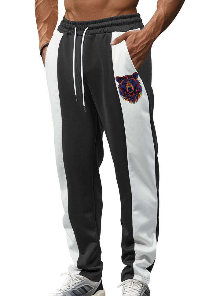 Men's sporty track pants with side contrast stripes, elastic waistband, drawstring, and deer embroidery StylebySassy