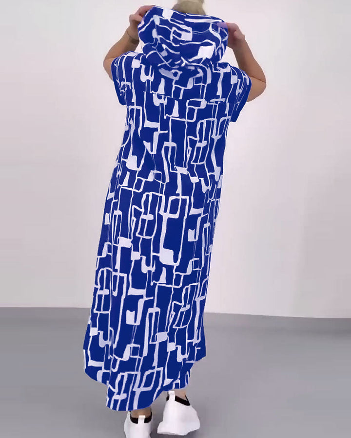 Women's casual hooded kaftan dress in loose fit with short sleeve cut and abstract graphic pattern StylebySassy