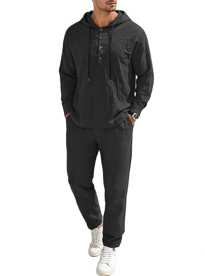 Men's relaxed hoodie Henley leisure suit made of lightweight cotton blend with linen look, featuring drawstring and elastic waistband pants StylebySassy