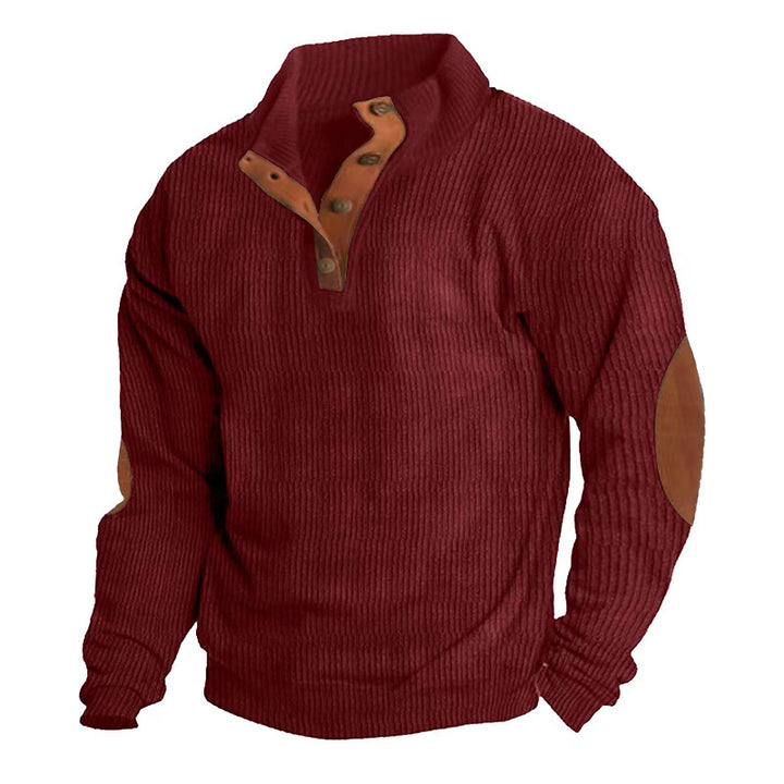 Men's knitted cotton blend sweater with stand-up collar, button placket, and leather-look elbow patches StylebySassy
