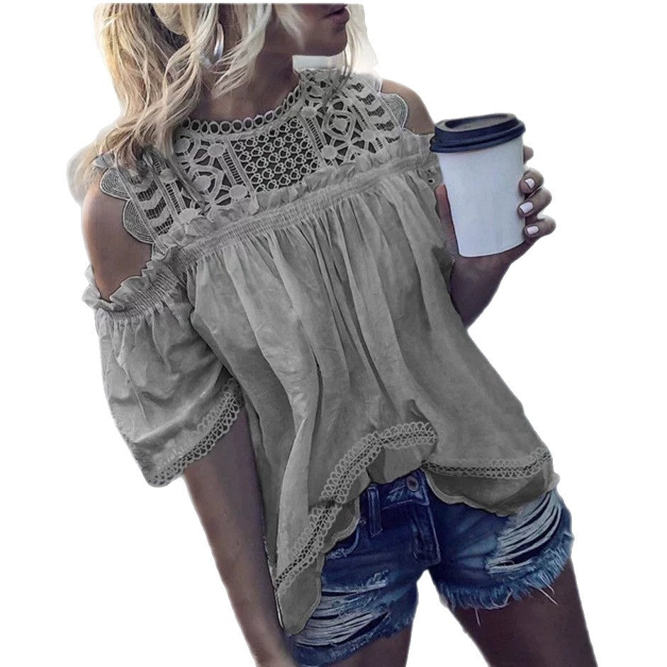 Ladies airy blouse with crochet collar, cut-out shoulders and flared hem StylebySassy