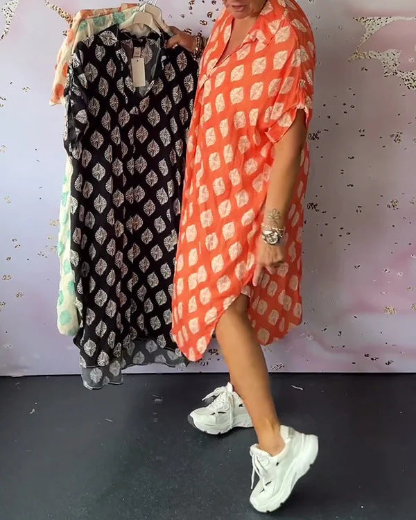 Women's NAN legeres Kaftan-mid dress with shirt collar V-neck short batwing sleeves and side insert pockets StylebySassy