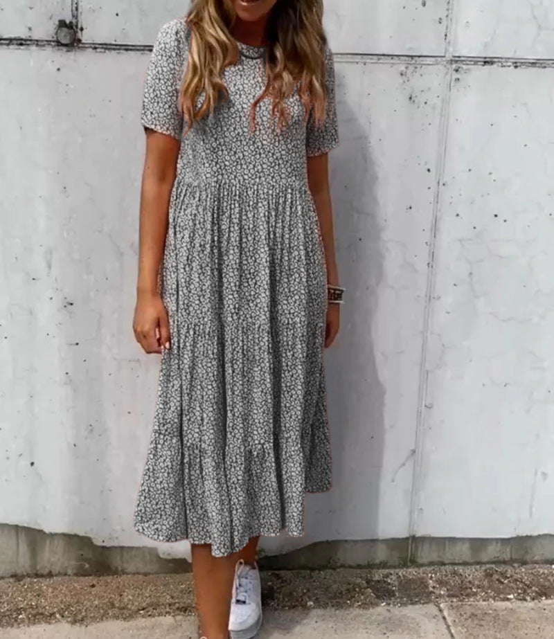 Women's light midi dress with gathered waist, short sleeves, and multilayered tiered skirt StylebySassy