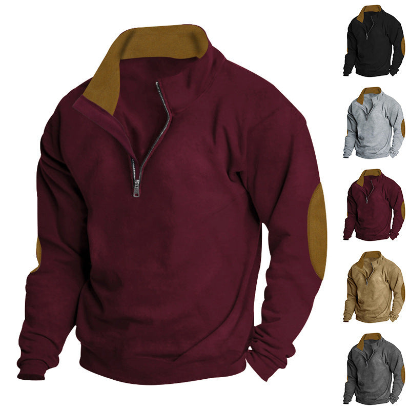 Men's short zip stand collar sweater with contrast collar and suede elbow patches StylebySassy