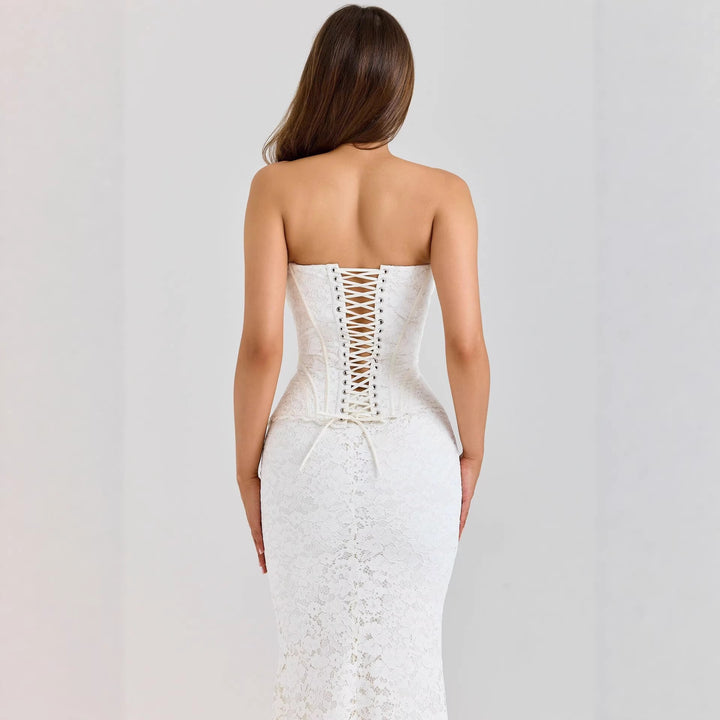 Women's two-piece lace corset set with reinforced bustier and figure-hugging mermaid skirt StylebySassy