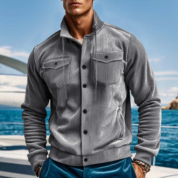 Men's casual fine ribbed cord jacket with stand-up collar, chest pockets and elastic hem StylebySassy