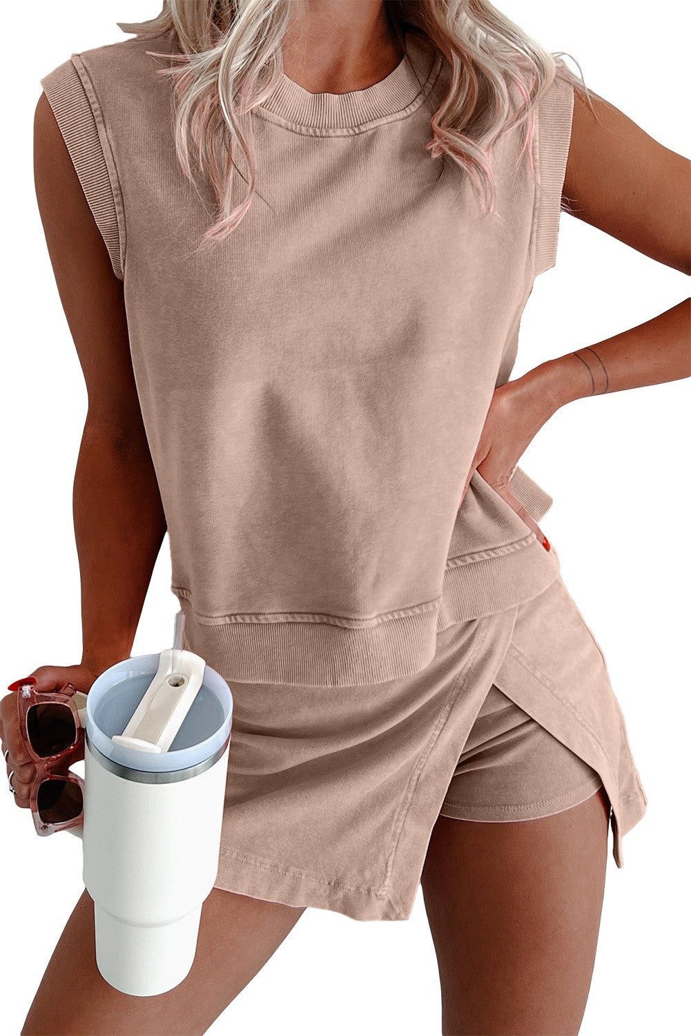 Women's casual jersey fabric two-piece set with sleeveless boxy top and wrap mini skirt with integrated shorts StylebySassy