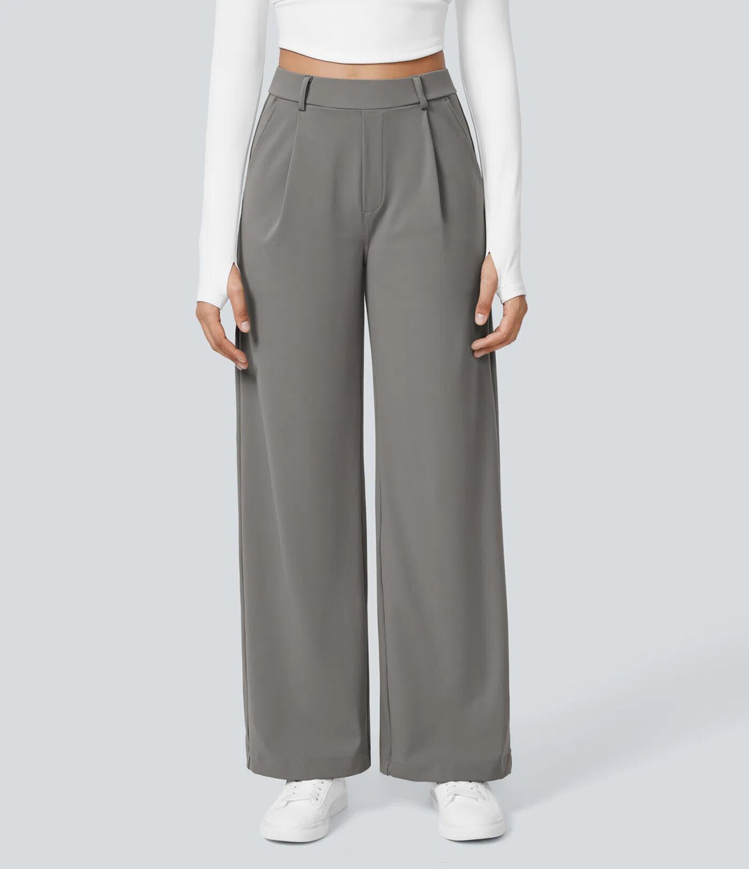 Ladies high-waisted pleated trousers with wide leg, belt loops and side pockets StylebySassy