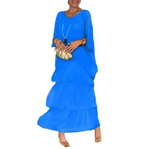 Women's ankle-length tiered dress with wide batwing sleeves and loose silhouette StylebySassy