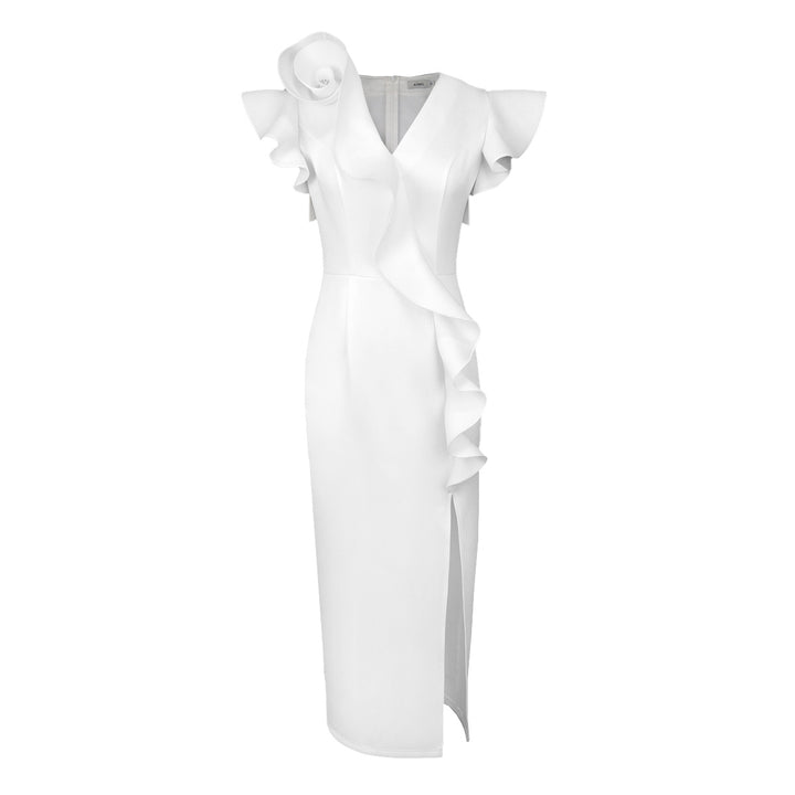 Women's Elegant Midi Dress with Asymmetrical Ruffle Design and Floral Accent StylebySassy