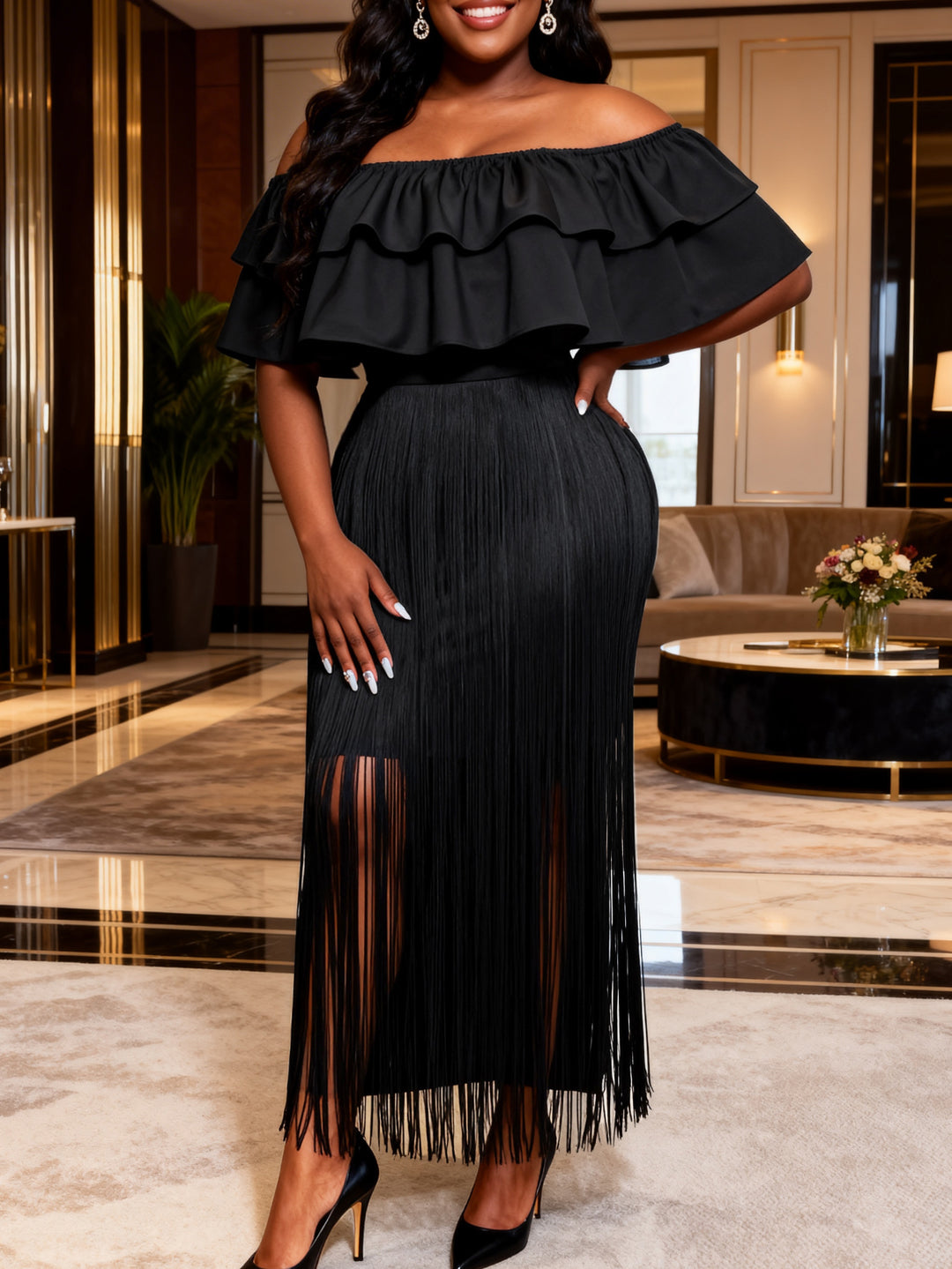 Women's Off-Shoulder Dress with Fringed Hem StylebySassy