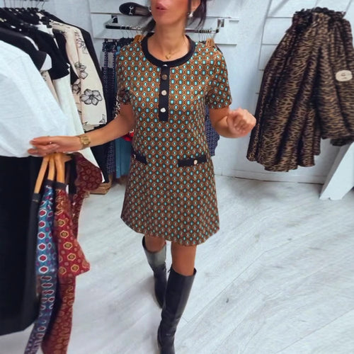 Women's Retro A-Line Mini Dress with Geometric Pattern, Contrast Trim and Decorative Pocket Detail StylebySassy