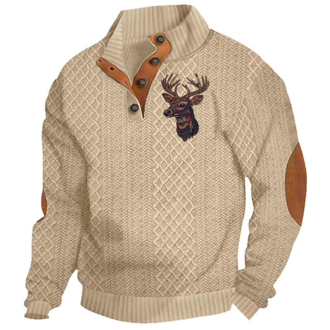 Men's nan Heritage textured pullover with stand-up collar faux leather trim elbow patches and half-button placket StylebySassy