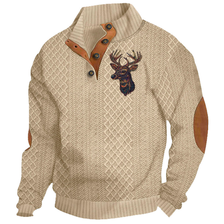 Men's nan Heritage textured pullover with stand-up collar faux leather trim elbow patches and half-button placket StylebySassy