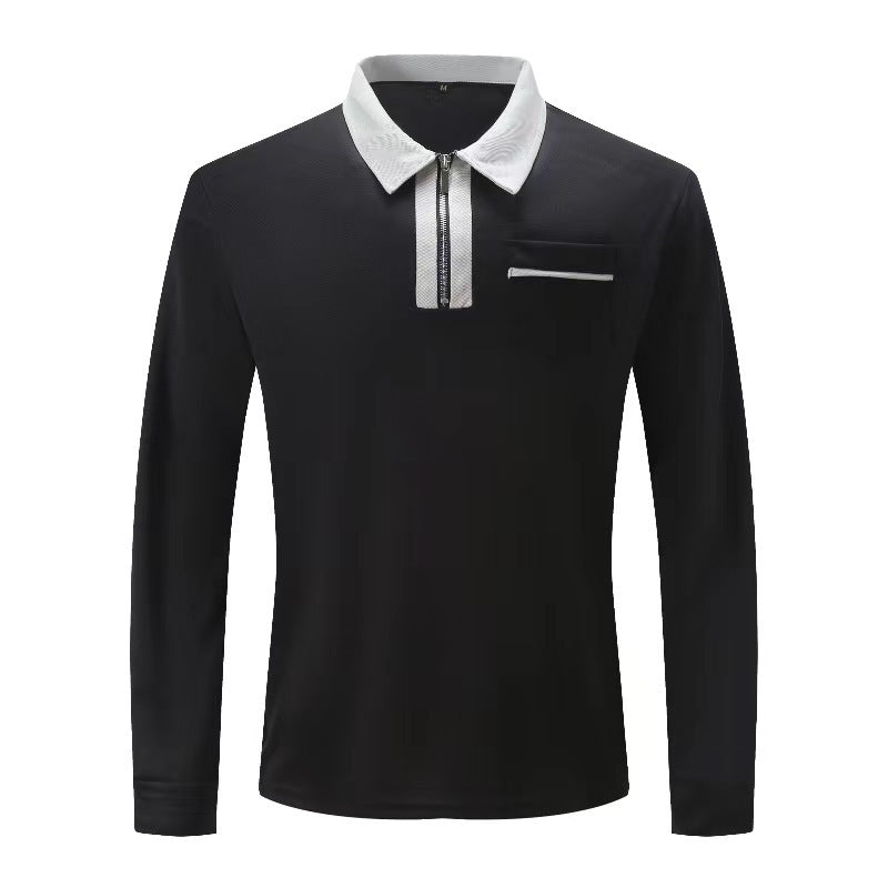 Men's elegant long-sleeve polo shirt with distinctive stand-up collar metal short zip and chest pocket StylebySassy