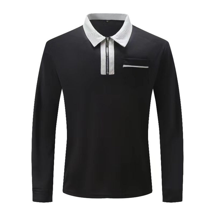 Men's elegant long-sleeve polo shirt with distinctive stand-up collar metal short zip and chest pocket StylebySassy