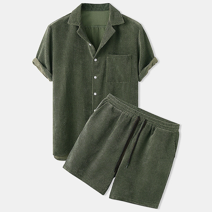 Men's short-sleeve leisure set with waffle texture, lapel collar and drawstring pants StylebySassy
