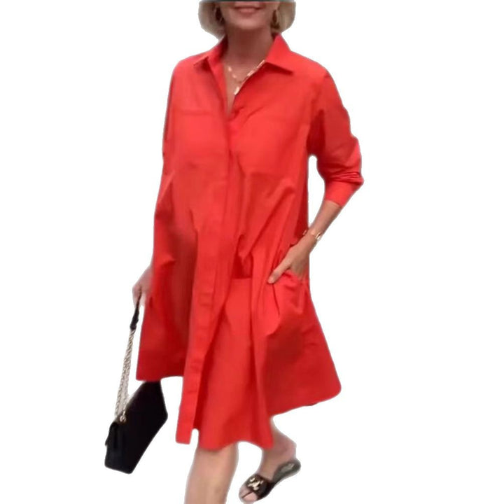 Women's Oversize Poplin Swing Hem Dress with Hidden Button Placket, Pockets, and Roll-Up Sleeves StylebySassy