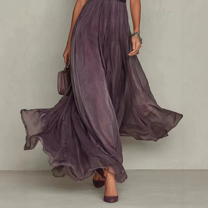 Women's Long Chiffon Evening Dress with Lace Stand Collar, Keyhole Opening and Tailored Sash StylebySassy