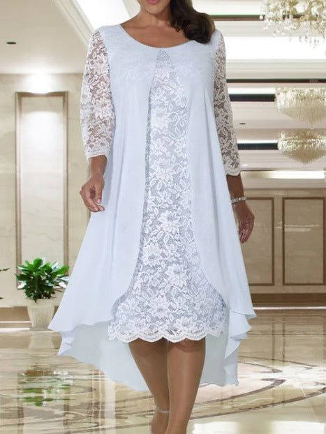 Ladies' elegant chiffon lace dress with high-low overlay and three-quarter sleeves StylebySassy