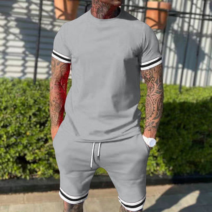 Men's casual sports set made of cotton jersey with round neck shirt and drawstring shorts StylebySassy