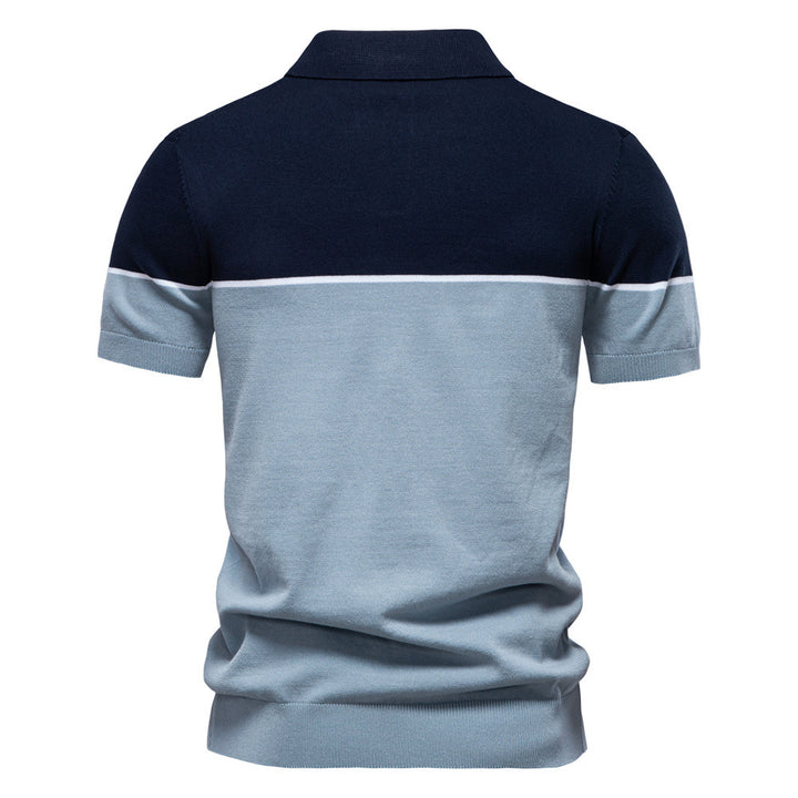 Men's modern short sleeve polo shirt made of fine knit with open lapel collar and horizontal contrast yoke StylebySassy