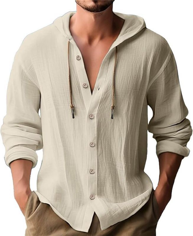 Men's crinkled short-sleeve hooded shirt made of cotton with button placket and drawstring StylebySassy