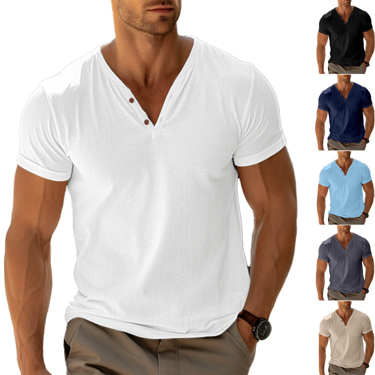 Men's fitted Henley T-shirt with V-neck, short button placket and roll-up sleeves StylebySassy