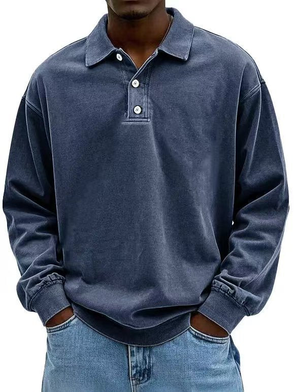 Men's casual polo shirt sweatshirt with collar, vintage wash and three-piece button placket StylebySassy