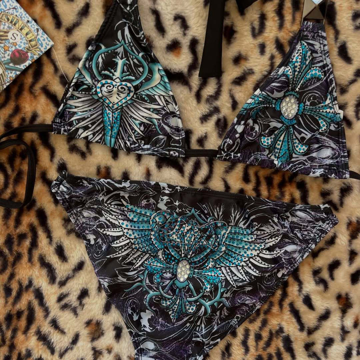 Ladies triangle bikini with floral pattern and rhinestone appliqués StylebySassy
