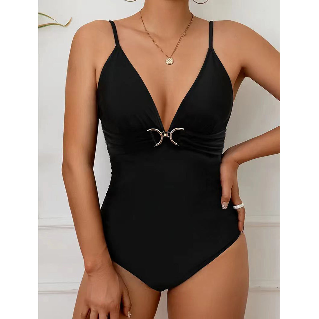 Ladies Elegant One-Piece Swimsuit with V-Neck and Decorative Details StylebySassy