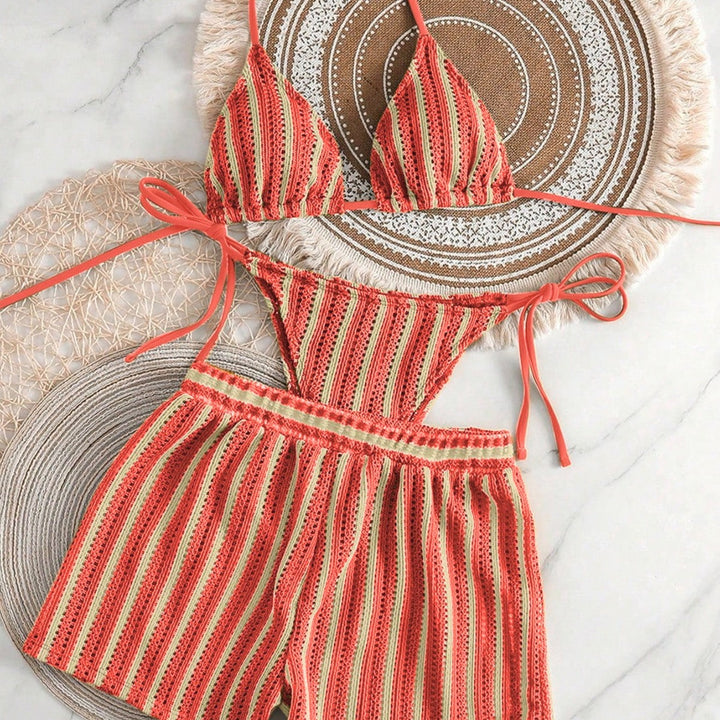 Women's bikini set with striped design and casual shorts StylebySassy
