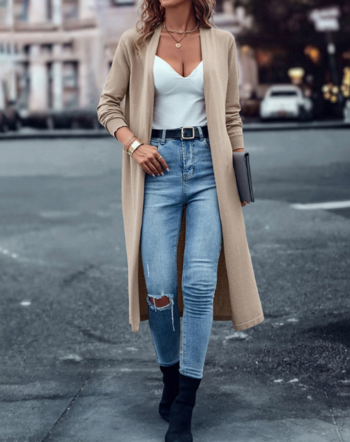 Women's long fine-knit cardigan in duster style with open fall and narrow sleeve section StylebySassy