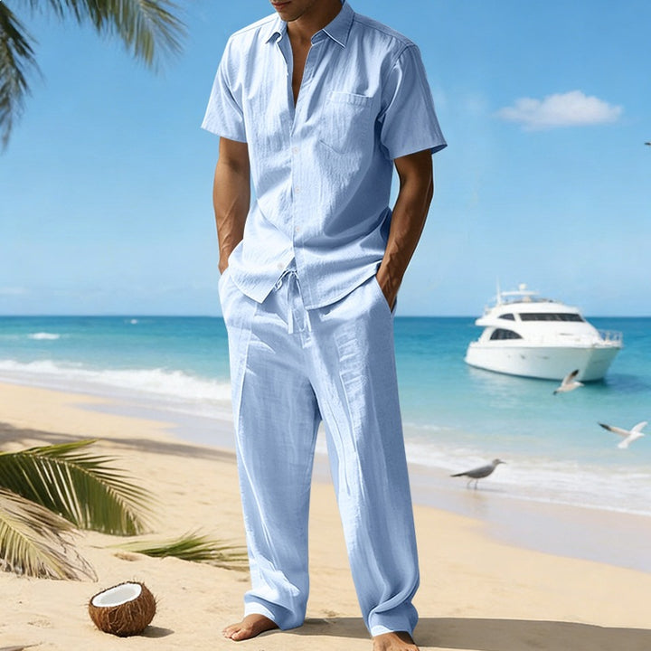 Men's resort-appropriate short-sleeve shirt with chest pocket and casual linen drawstring pants StylebySassy