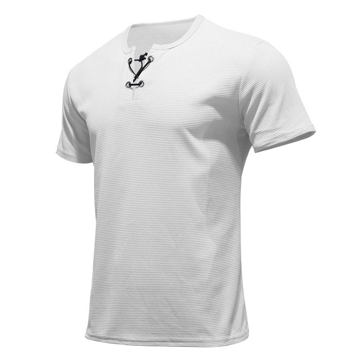Men's short-sleeve shirt with lace collar, metal eyelets, and fine structured jersey StylebySassy