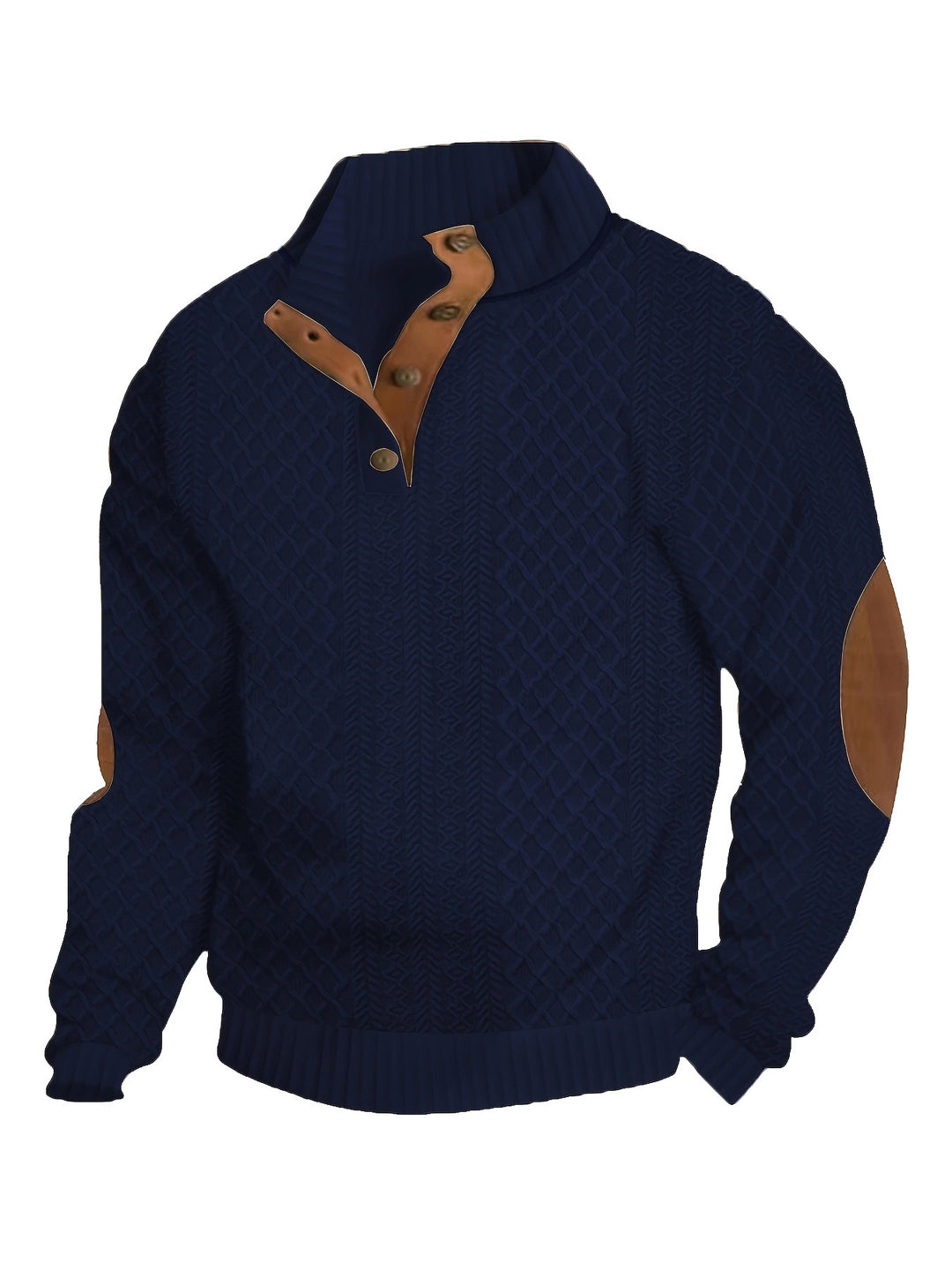 Men's coarse knitted sweater with stand-up collar, leather trim, and elbow patches StylebySassy