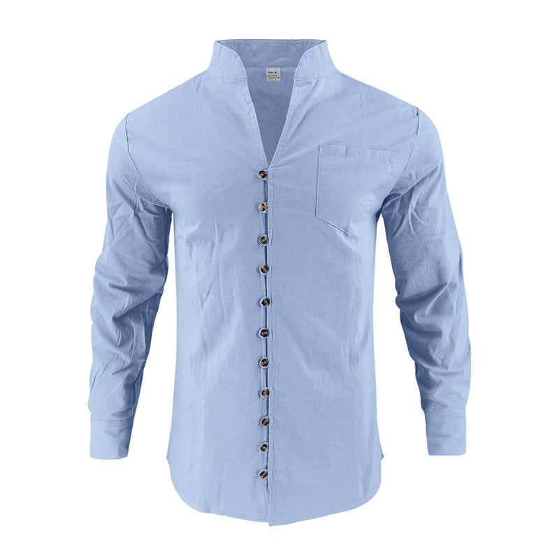 Men's lightweight linen shirt with stand-up collar, full button placket, and patch chest pocket StylebySassy
