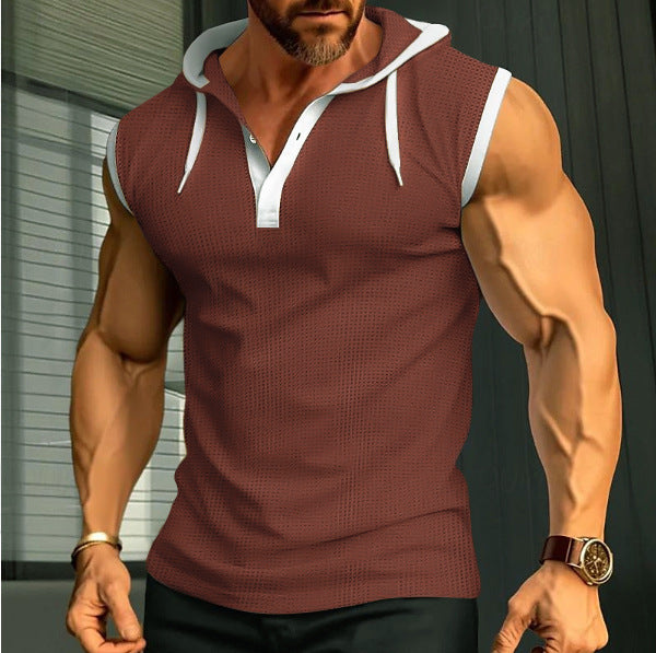 Men's Sleeveless Hooded Henley Muscle Shirt with Mesh Structure and Body-Hugging Fit StylebySassy